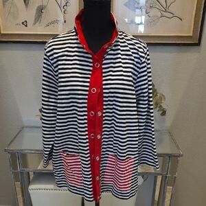 Onque Woman Black and White Striped Jacket with Red Trim